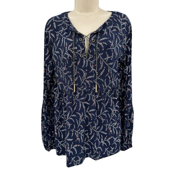 Michael Kors Tops - Michael Kors Peasant Blouse Small Navy Blue Floral Gold Chain Long Sleeve